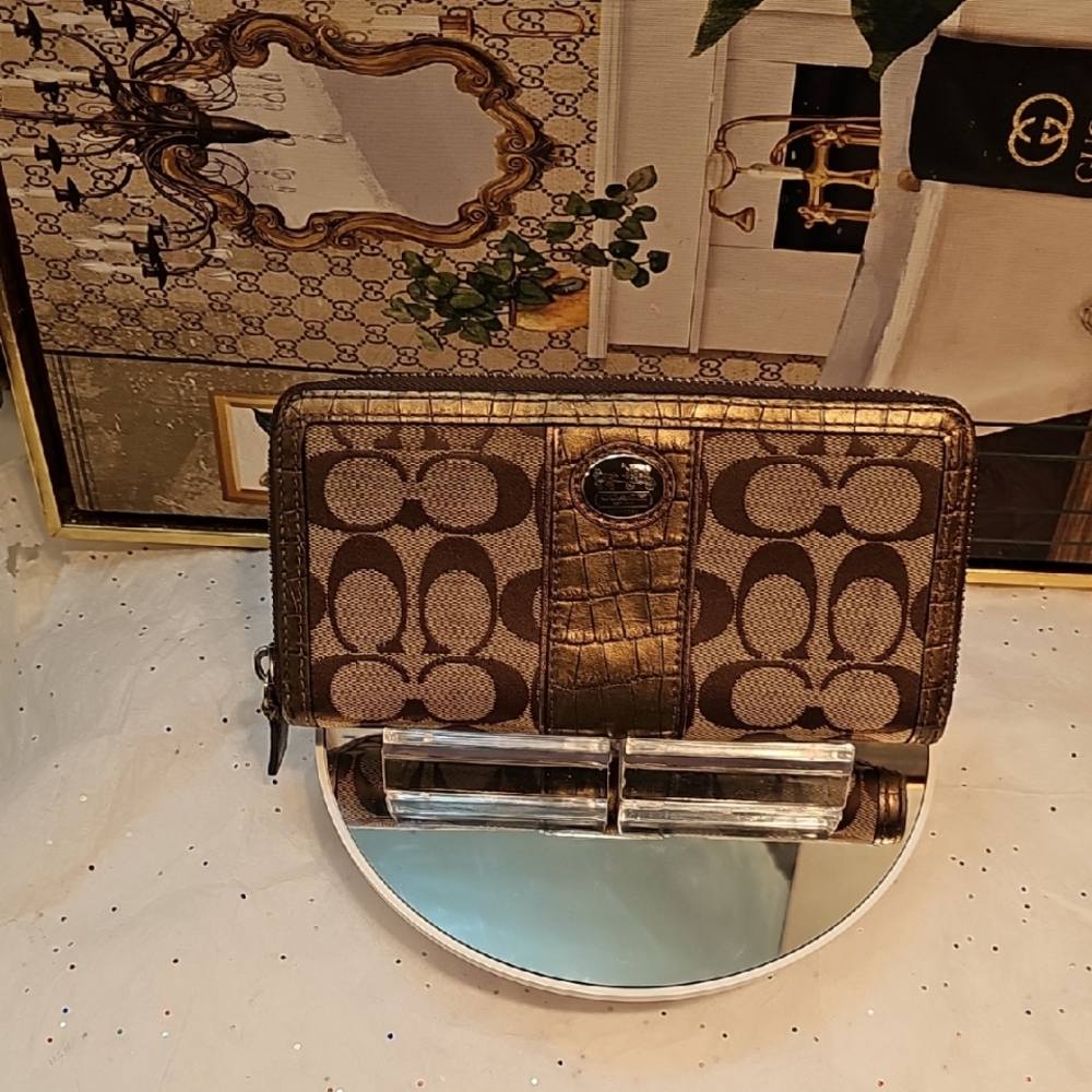 Coach Brown and Gold Wallet with Signature Style